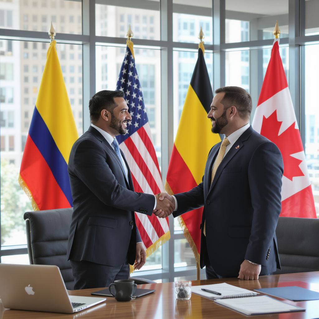 Dos empresarios se dan la mano frente a banderas de Colombia, Estados Unidos, Bélgica y Canadá